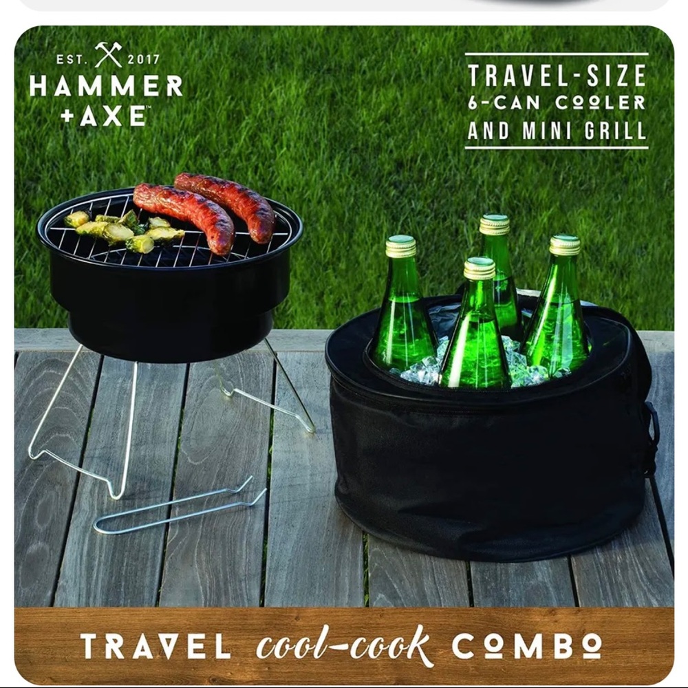 Hammer + Axe 2-Piece Mini Grill Insulated Cooler BBQ Set Travel Cool-Cook Combo